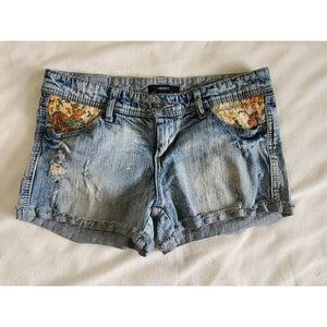 Womens Forever 21 Distressed Jean Shorts size 27 Floral Tapestry Cut Off Stretch